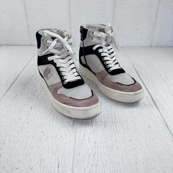 Coach Shoes Womens Size 7 High Top White Black Pink Mesh Suede Zip Lace Up - Picture 5 of 16